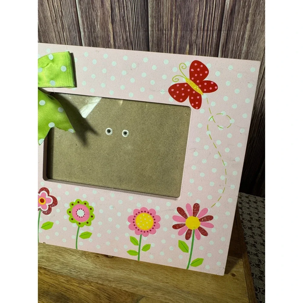 Floral Butterfly Polka Dot Picture Frame Kids Pink Green 4x6 3D Bow